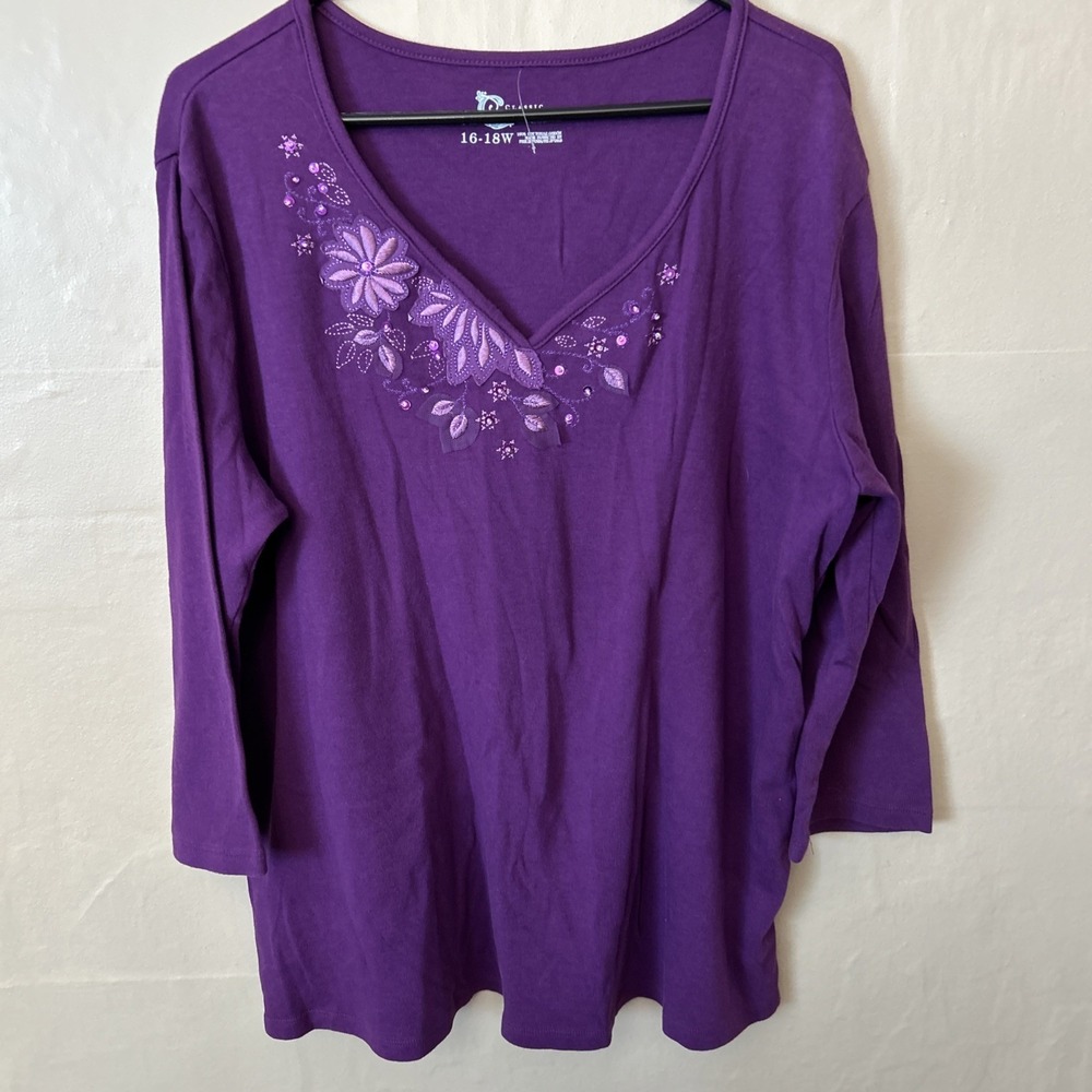 Classic Elements 16w Purple V‎ Neck 3/4 Sleeve Knit Top